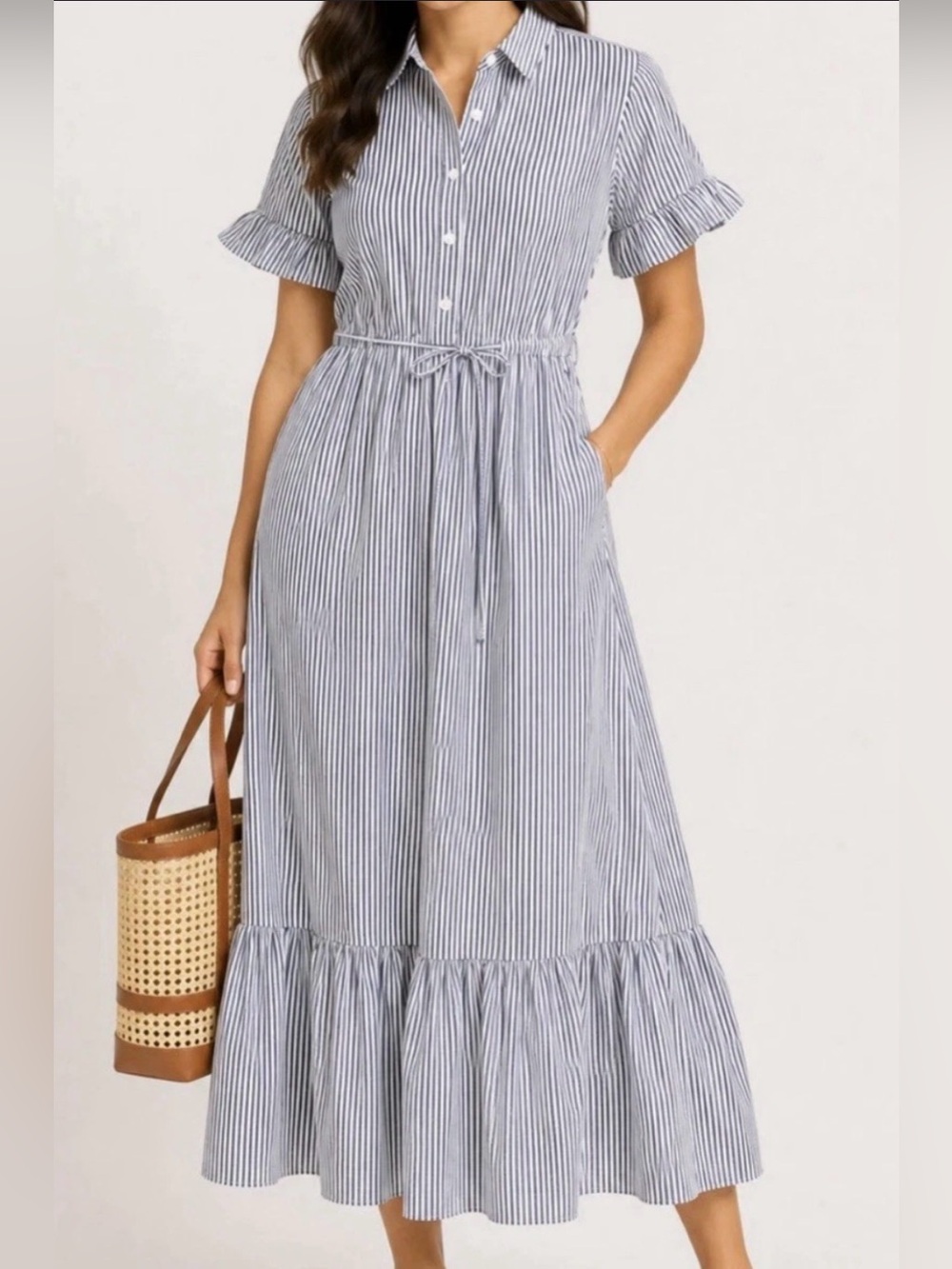 J.Crew Striped Button-Front Maxi Dress with Ruffle Hem - Blue/White - Picture 2 of 6